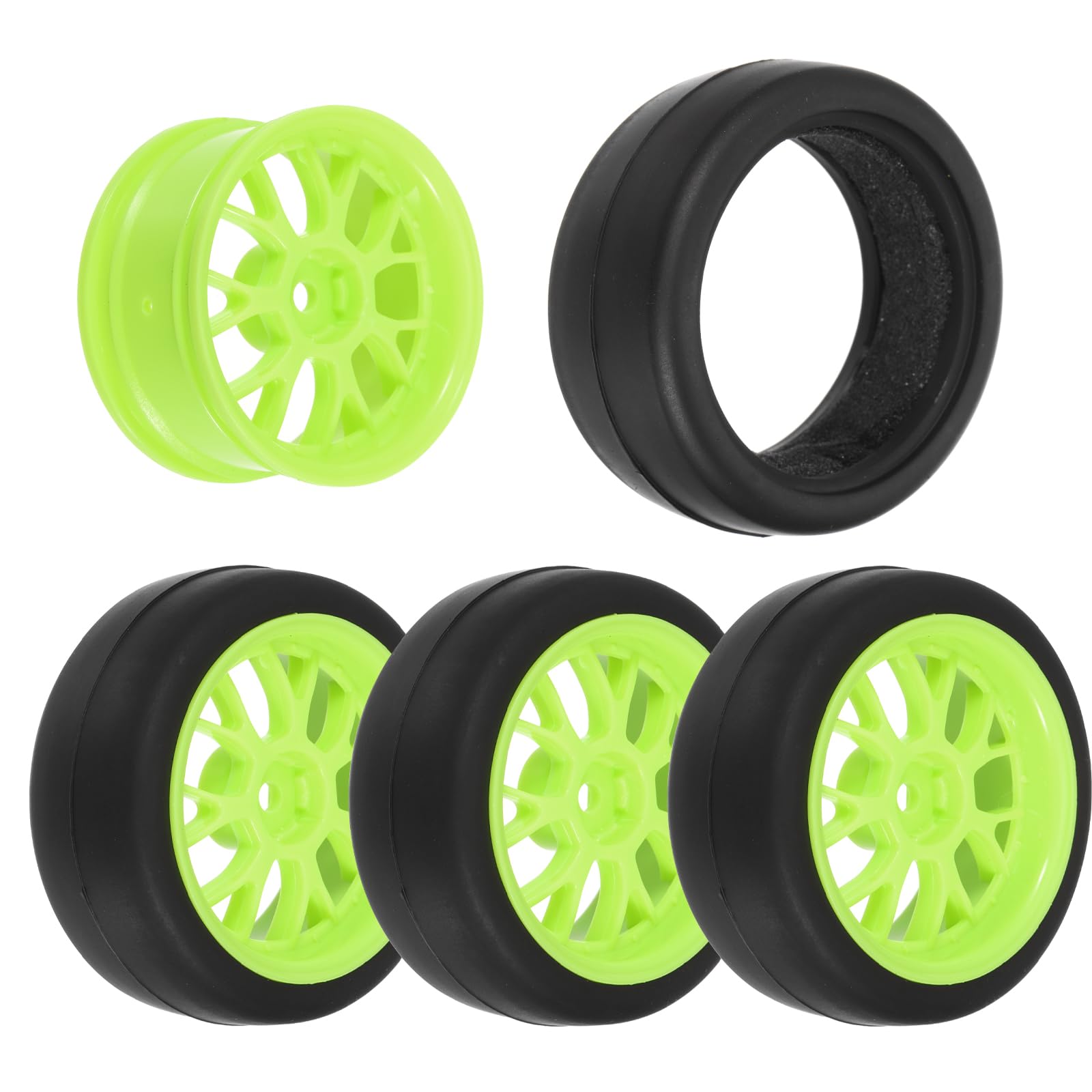 sourcing map 4-Pair High-Grip RC Car Tire & Wheel Set for 1/10 Scale On-Road Touring Cars - Soft Rubber Tyres with 12mm Hubs, Green