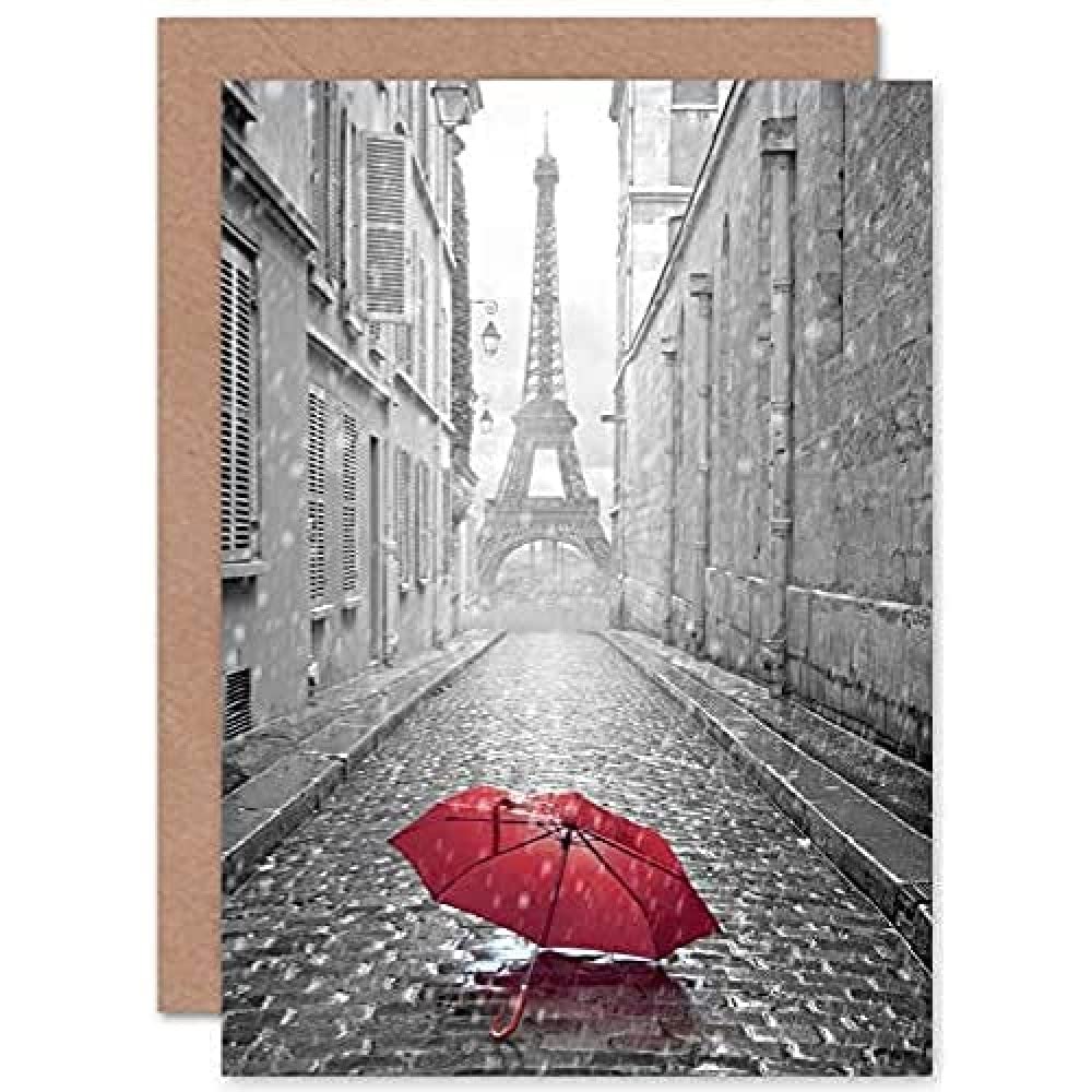 Fine Art Prints CPDT0150 Eiffel Tower In Paris Red Umbrella Greeting Card With Envelope Inside Premium Quality