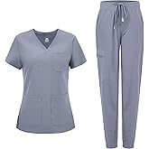 COZYFIT Medical Scrubs for Women Set - Curved V-Neck Scrub Top & Jogger Pants with 8 Pockets