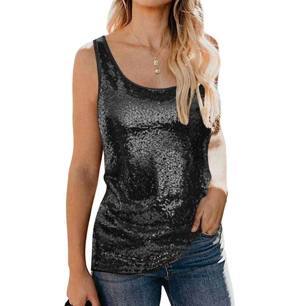 YANYUN Women Tank Tops Fashion Sequin Funny Cute Vest Glitter Party Sleeveless Sexy Sale Tshirt Summer Cool O Neck Camisole