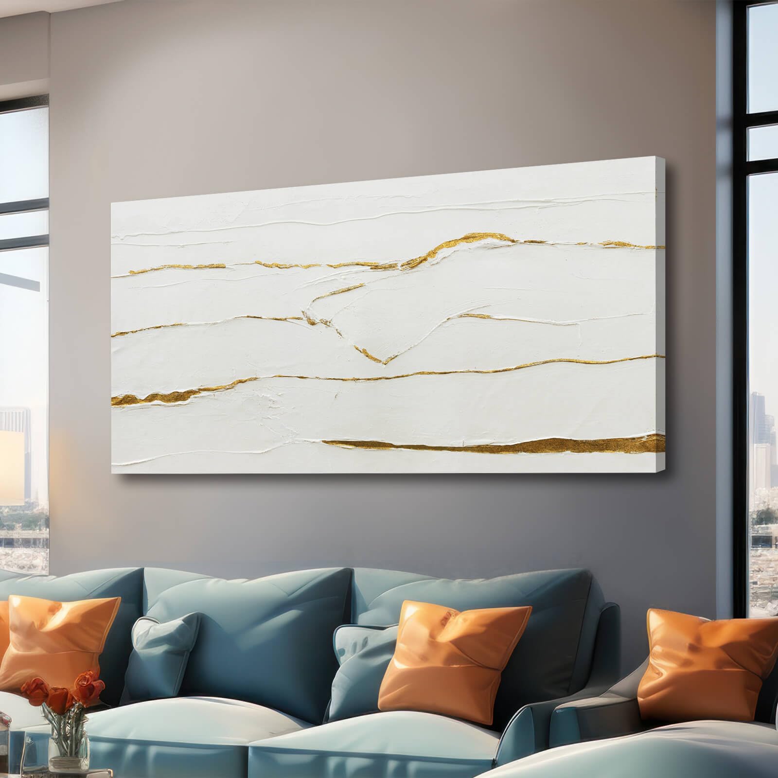 Photo 1 of WINKAILIN Modern Artwork White Painting Abstract Wall Art for Dining Room Gold Foil Picture Big Painting for Living Room 29"x 58" Entryway Wall Decor