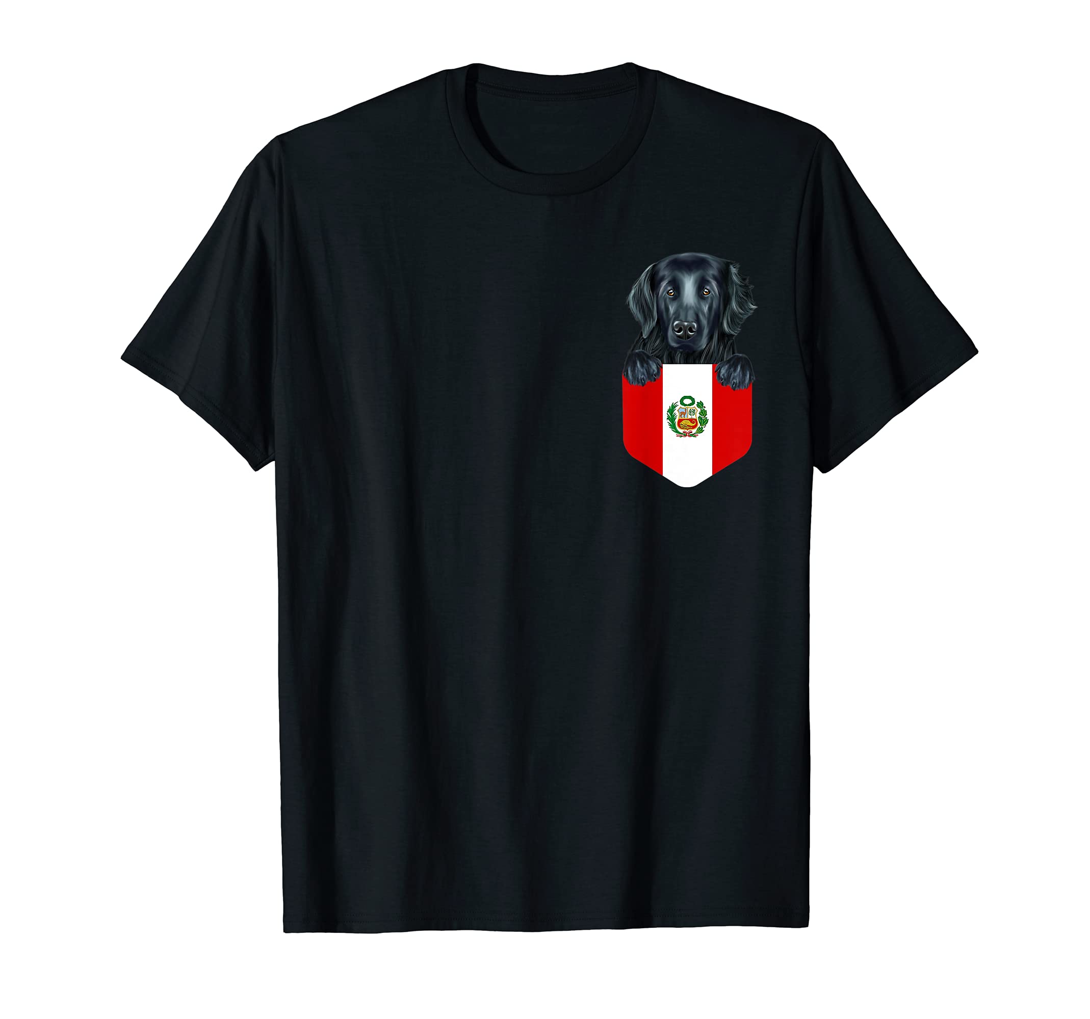 Peru Flag Flat-Coated Retriever Dog In Pocket T-Shirt