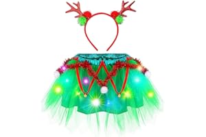 Nicute Light Up Girls Christmas Tutu with Antler Headband Green Layered Glow Tutu Skirt Festival Party Tutus Costume for Kids