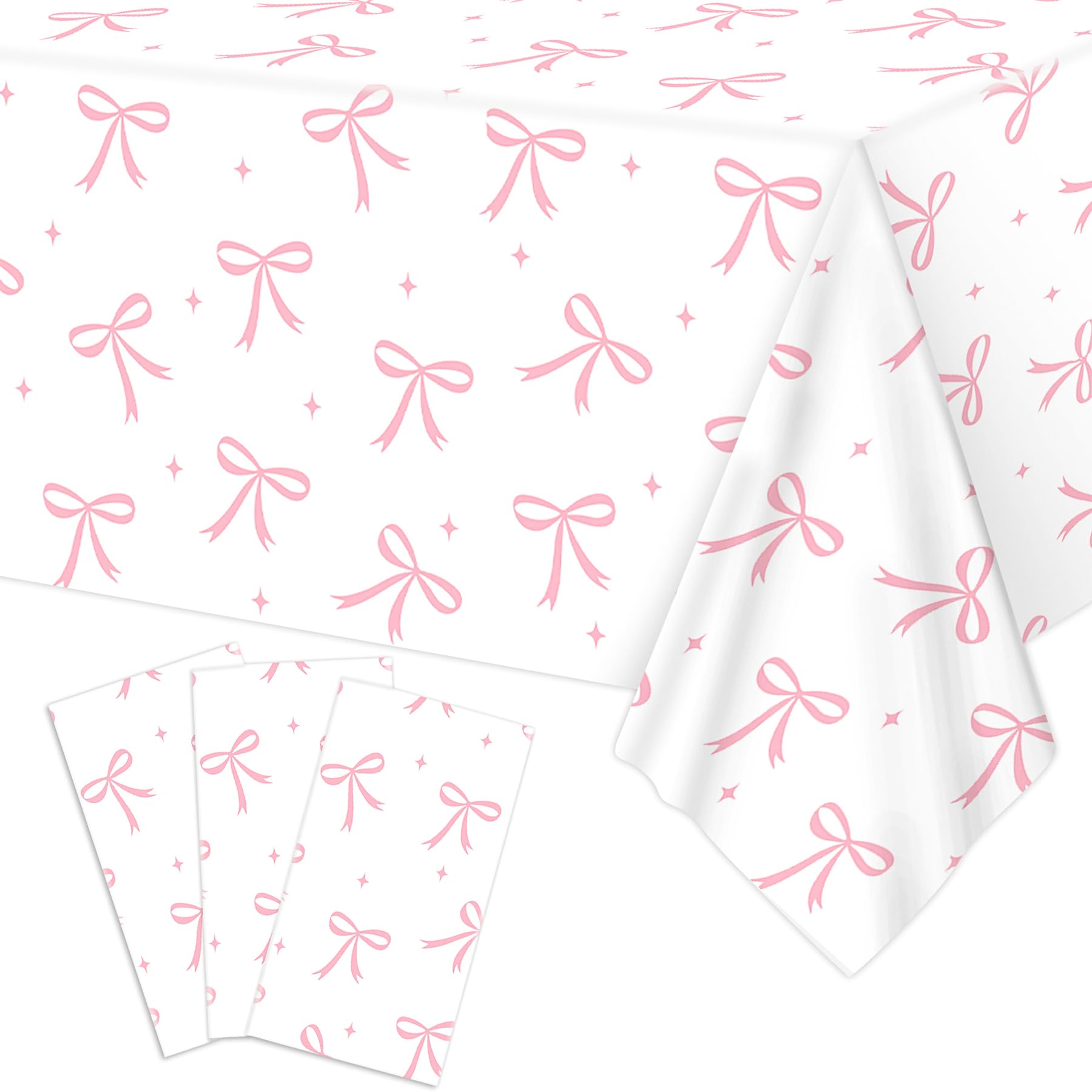 Lianxia 3pcs Coquette Pink Bow Tablecloth, 54 x 108 Inch Bow Party Plastic Cover, Birthday Decorations for Bachelorette, Bridal Shower, Baby Shower, Girls' Party