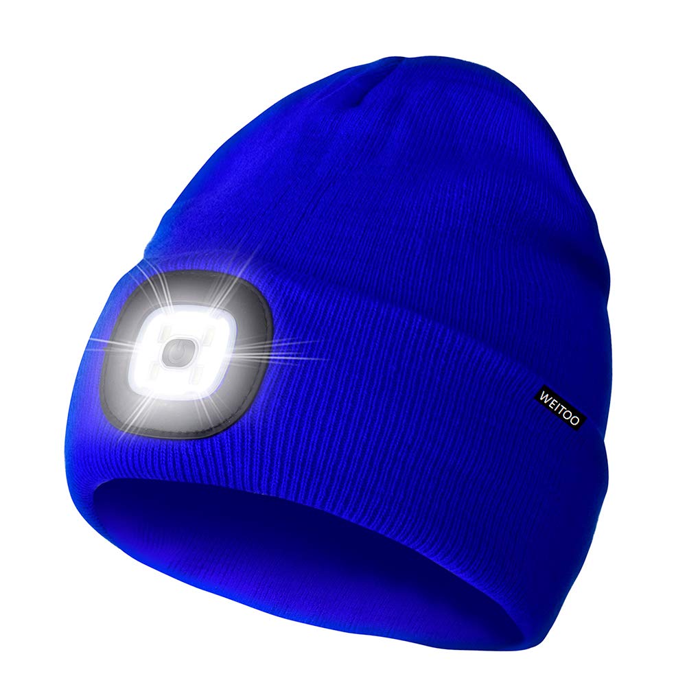 Unisex LED Lighted Beanie, Unisex USB Rechargeable Headlamp Hat, Cap with Light Hands Free Head Torch, Winter Warm Gifts for Men and Women Blue