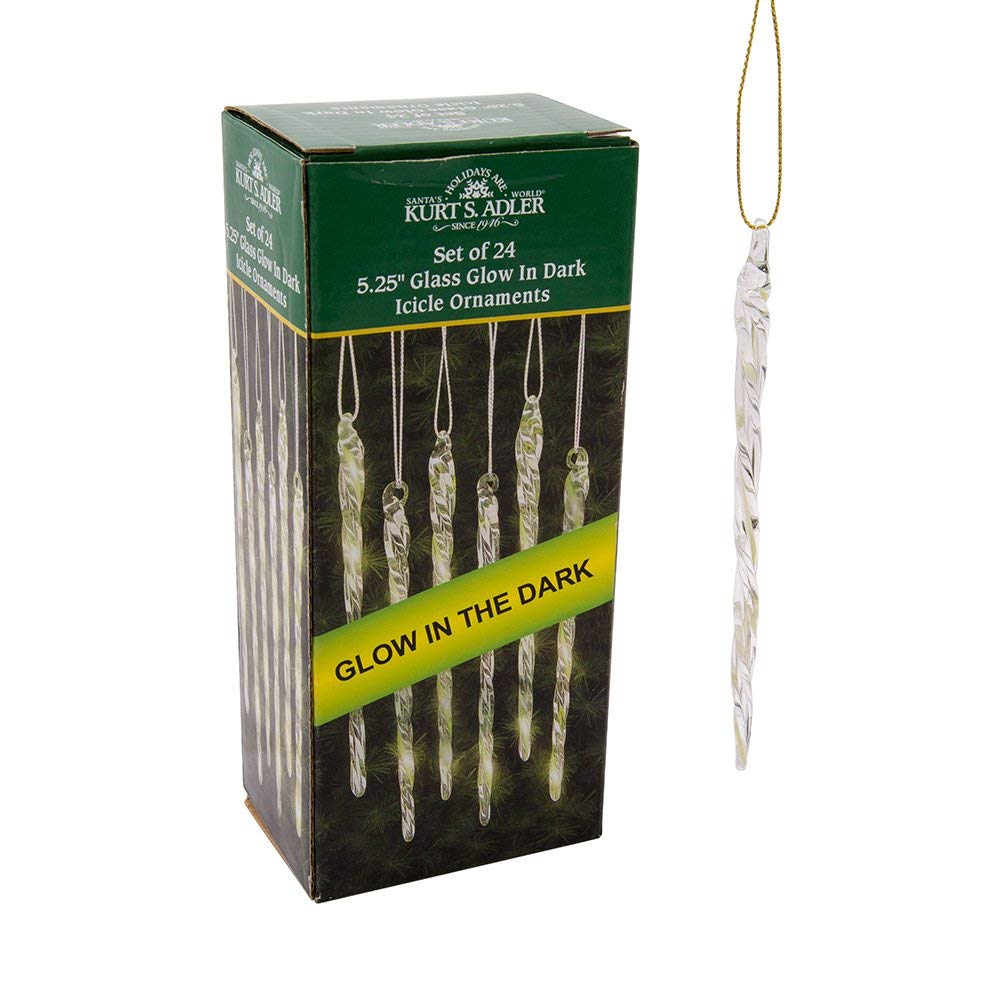 Kurt Adler 5-1/4-Inch Glass Glow-in-The-Dark Icicle Ornament Set of 24 (Pack of 2)