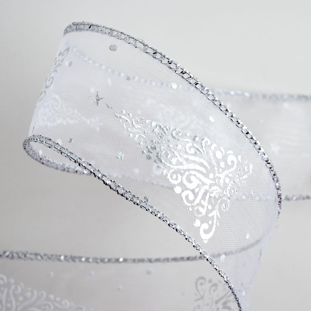 Italian Options White/Silver Organza Ribbon with Christmas Tree Print, Luxury, Wired Christmas Ribbon for Gift Wrapping, Crafts, Wreaths, Tree Decorations, White, Silver Foil, 38 mm x 10 Metre Roll — image 1