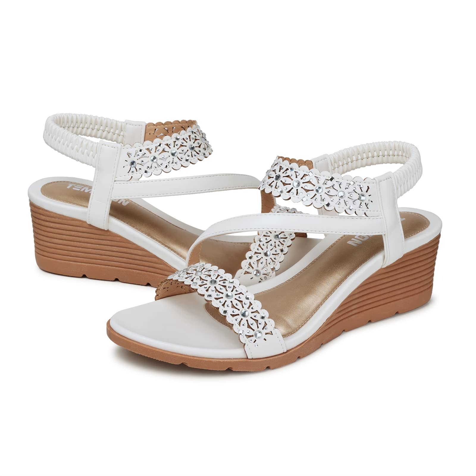 Photo 1 of TEMOFON Wedge Sandals for Women Dressy: Elastic Ankle Strap Open Toe Wedge - Summer Rhinestone Sandals Size 11 - White Comfortable Bohemian Sandals