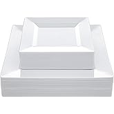 N9R 60PCS White Square Plastic Plates, 30 Dinner & 30 Dessert Plates Heavy Duty, Fancy Disposable Plates for Party, Wedding and other Events