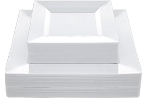 N9R 60PCS White Square Plastic Plates, 30 Dinner & 30 Dessert Plates Heavy Duty, Fancy Disposable Plates for Party, Wedding and other Events