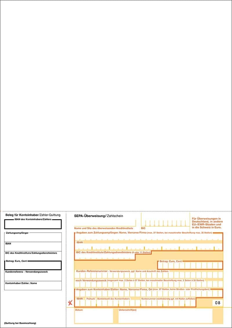 1000 Stück x A4 Sepa Zahlscheine Überweisungsträger Überweisungsvordrucke Überweisungsformulare SEPA Vordruck unten rechts perforiert