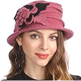 Women 1920s 100% Wool Vintage Cloche Bucket Winter Hat with Bow Knot and Flower