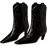 FSJ Women Square Toe Comfort Kitten Low Heel Ankle Boot Pull On Bootie Winter Cowgirl Cowboy Sexy Dressy Shoes Size 4-16 US