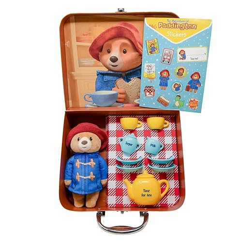 Rainbow Designs Paddington Bear's Toy Tea Set - 9-Piece Children's Tea Set with Teapot, Cups, Saucers & Sugar Pot - Features Cuddling Soft Toy, Reusable Suitcase & Sticker Sheet