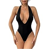 MakeMeChic Women's Halter Backless Shapewear Bodysuits Deep V Neck Tops Leotard