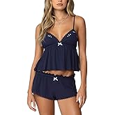 TAOZIBOB Y2K 2 Piece Outfit for Women Lace Trim Cute Pajama Sets V Neck Cami Shorts Set Babydoll Tops and Shorts