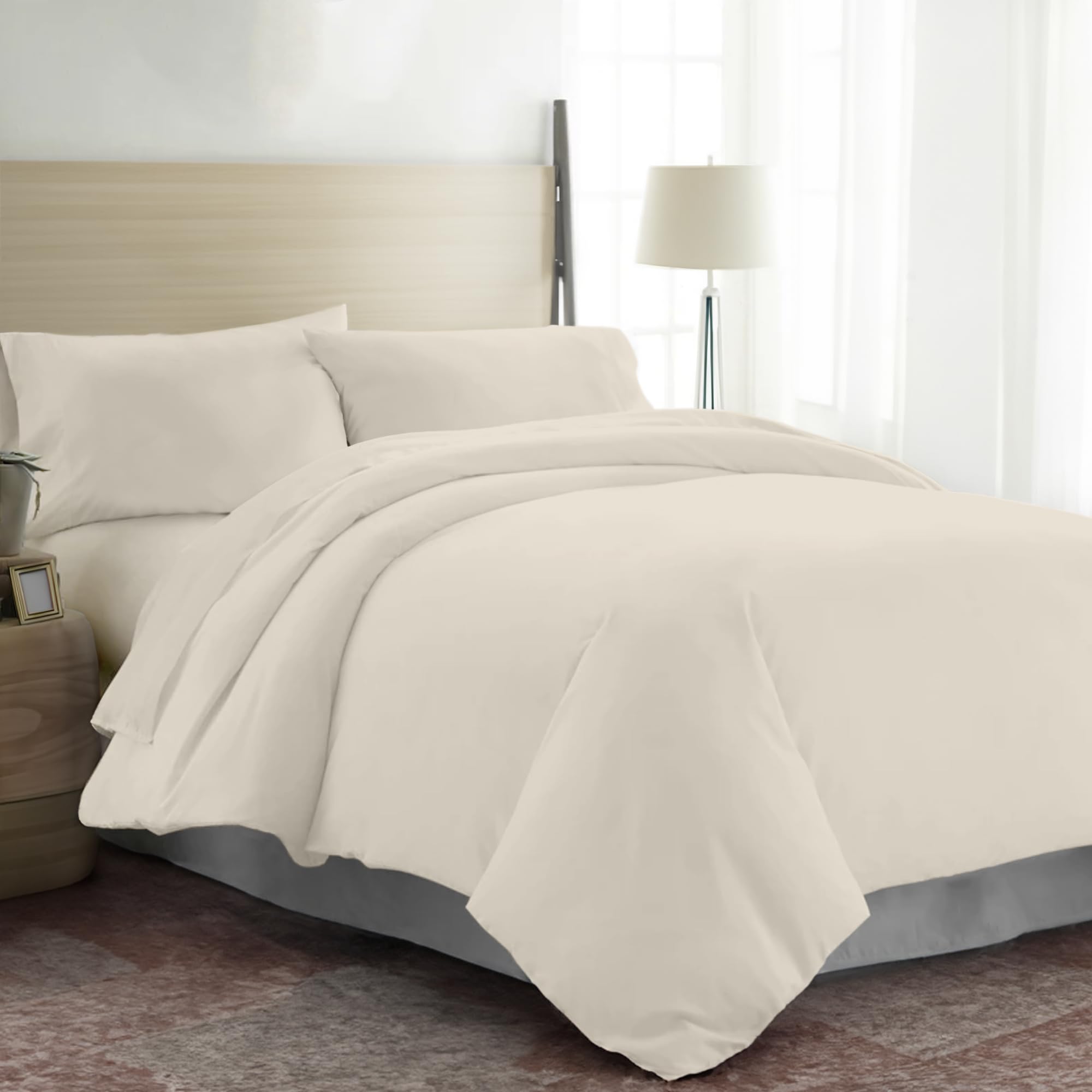 EKOSCIOUS 100% Tencel Lyocell Eucalyptus Sateen Solid, King Size Duvet Cover Set, with 2 Pillowcase, Ivory - 300 Thread Count Breathable, Cool & Soft