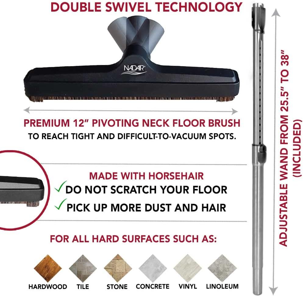 Detailed view of the 12-inch horsehair floor brush with pivoting neck