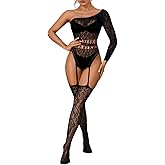 EHSUYAB Women Sexy Leopard Fishnet Bodysuit, One Shoulder Lace Jumpsuit Body Stockings, Exotic Dancer Rave Party Club Outfits