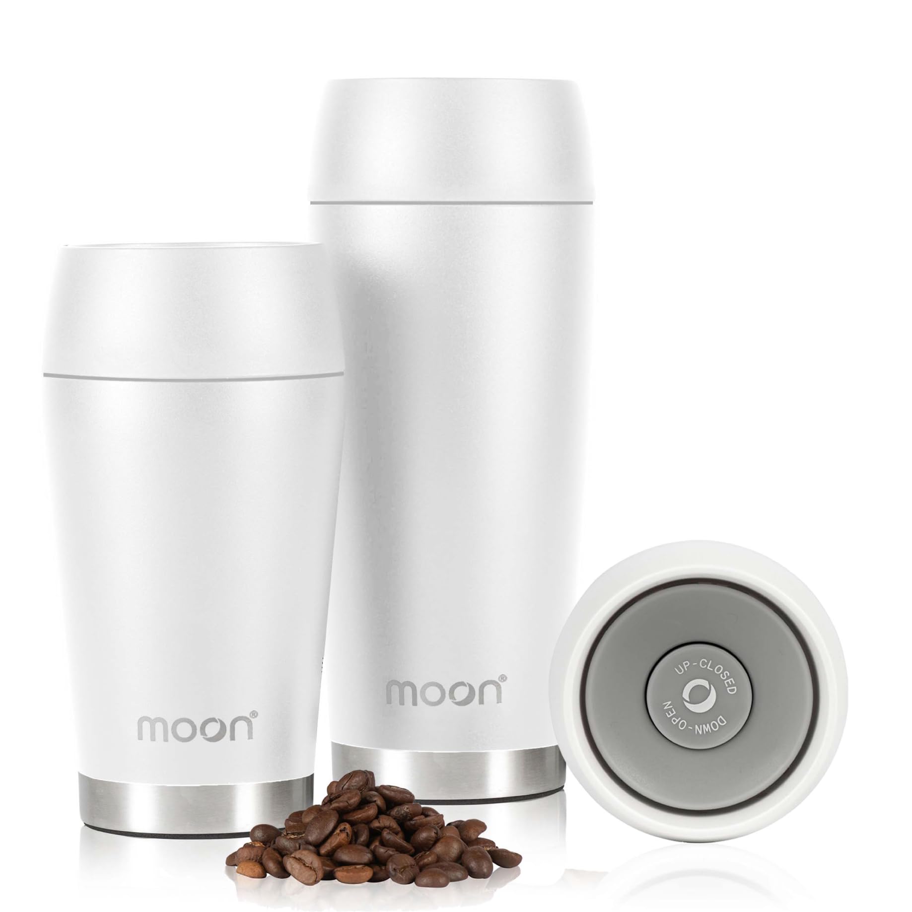 Moon 360° Travel Mugs - Leakproof Reusable Coffee Cup for Hot Drinks - Insulated Stainless Steel Thermal Mug, Fits Car Cup Holders (300ml, Powder Coat/White)
