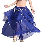 Tefrica Women's Chiffon Belly Dance Costume Skirts Indian Dance Skirt with Coins