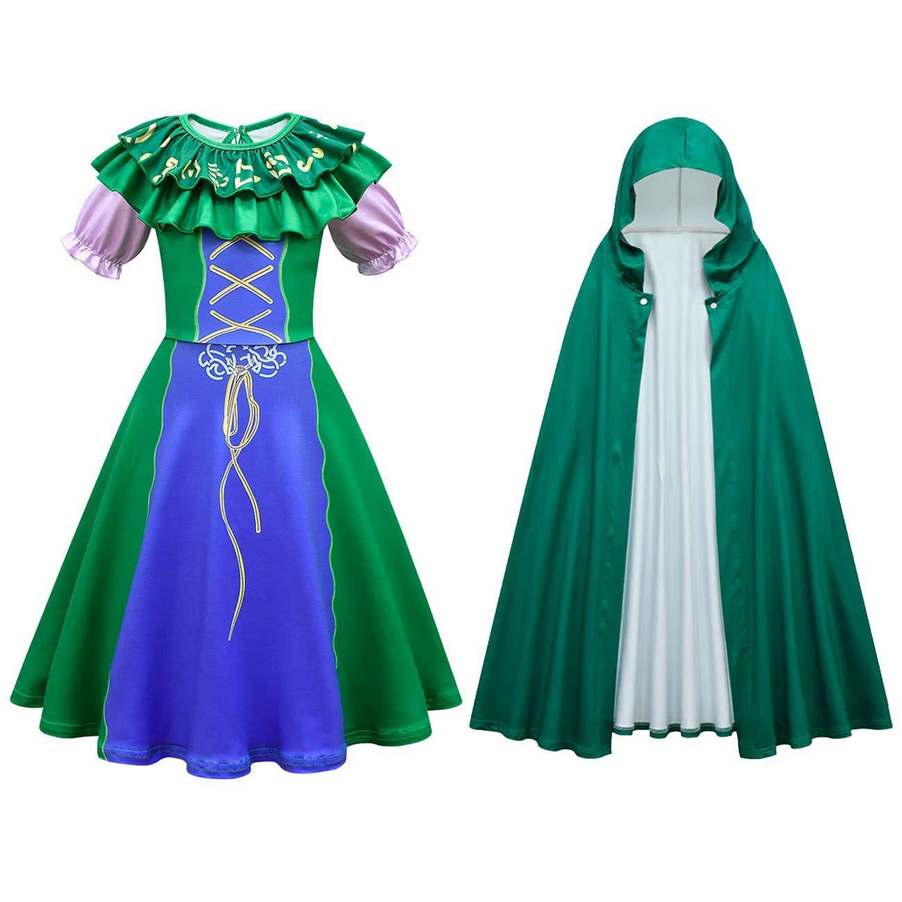 IBTOM CASTLE Sanderson Sisters for Girls,Kids Sarah Mary Winifred Sanderson Outfit Cape Child Party for Teen Green Purple+Cloak 8-9 Years