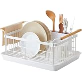 YAMAZAKI Home Dish Drying Rack &ndash; Modern White Dish Rack for Kitchen Counter with Removable Drying Tray and Cutlery Holder, Steel + Wood Dish Drying Organizer - Steel + Wood -
