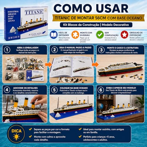 Kit Blocos de Construção Titanic 56cm | Com Base Oceano