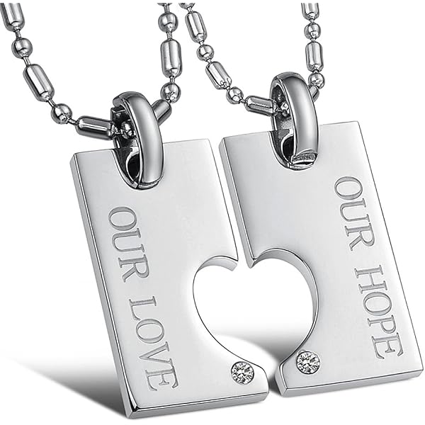 SunnyHouse His & Hers Matching Necklace Set – PEACE HAPPY LOVE Pendant, Stainless Steel Cubic Zirconia, Gift Box