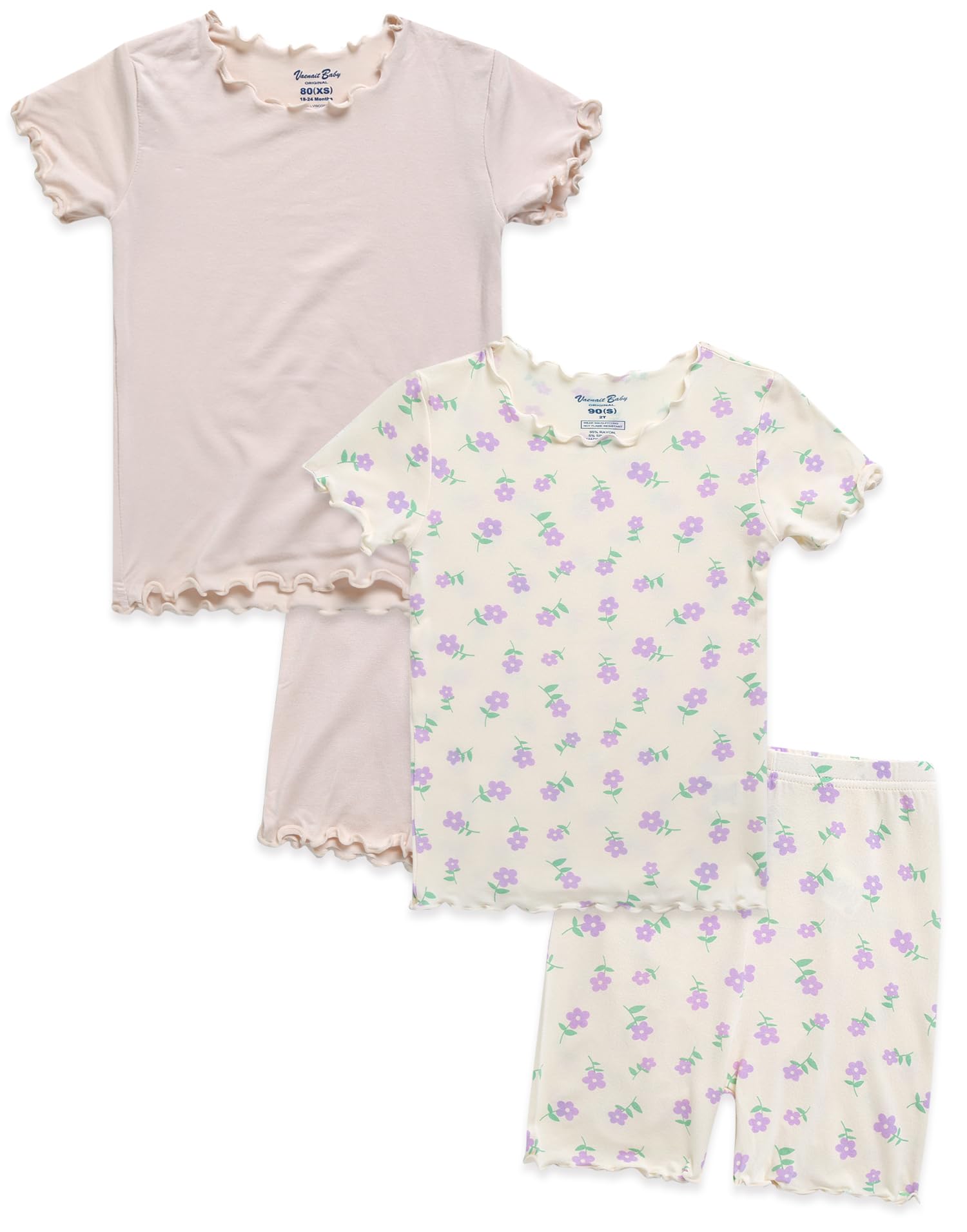 VAENAIT BABY"Kids Girls Viscose Pajamas Short Sleeve Floral Print Pj 4pcs Set Shirring Ivory+Purple Blossom XXS Image