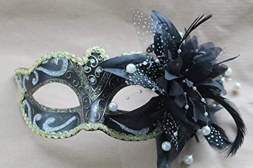 VENETIAN MASQUERADE PARTY EYE MASK ON A STICK BLACK, SILVER, BRONZE & GOLD WITH FLOWER