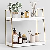 Forbena Bathroom Organizer Countertop, Counter Organizer for Bathroom Decor, Wooden Sink Shelf for Vanity Storage, Makeup Tray for Perfume Skincare Bedroom Kitchen Corner (2 Tier, White and Gold)