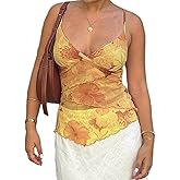 Women's Y2K Mesh Camisole Floral Print Sheer Cami Tank Spaghetti Strap Sexy V Neck Cami Top Summer Going Out Tops
