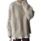 LOZ Women's Oversized Knit Sweaters with Pocket 2025 Fall Winter Causal Batwing Long Sleeve Pullover Crewneck Ivory Sweater