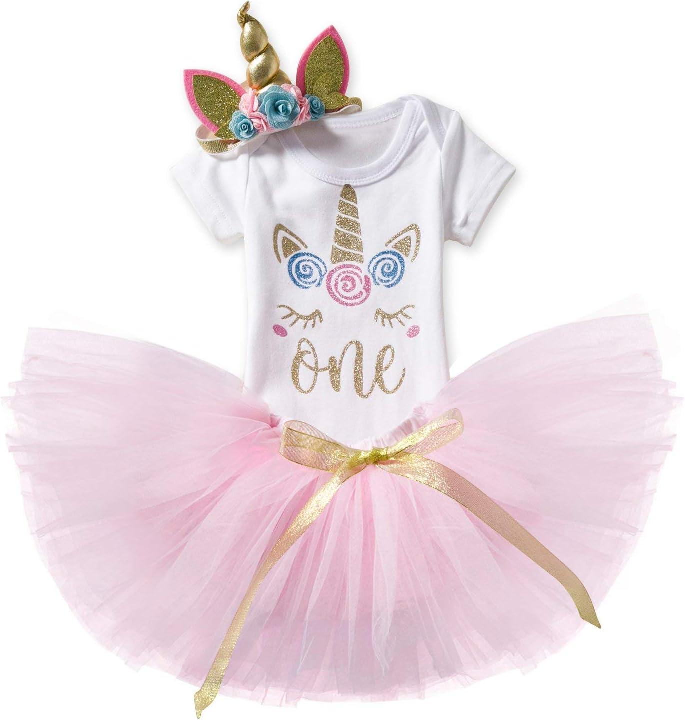 NNJXD Baby Girls 1st Birthday Unicorn Outfits Set Rainbow Tutu Skirt+ Unicorn T-Shirt+ Flower Headband