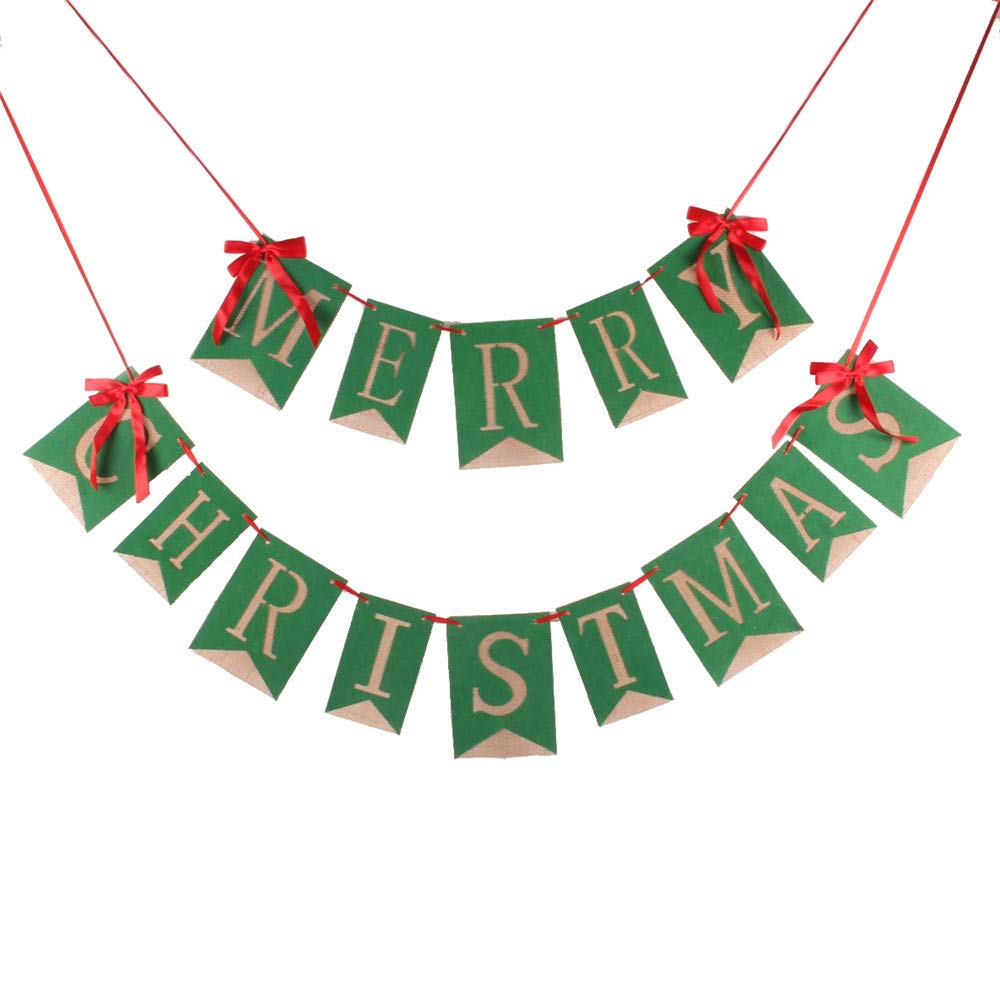 GOER Merry Christmas Burlap Banners Garlands with Ribbon Bows for Xmas Party Decoration Photo Prop (Green)