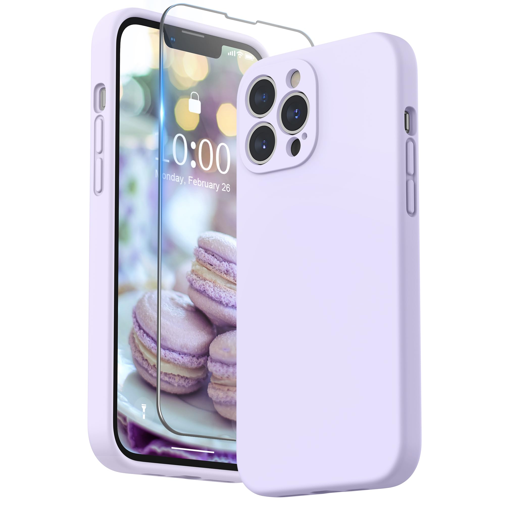 SURPHY Compatible with iPhone 13 Pro Max Case with Screen Protector, Liquid Silicone Protection for Each Lens Shockproof Thickened Rubber Cover for iPhone 13 Pro Max 6.7 inch 2021, Light Lavender