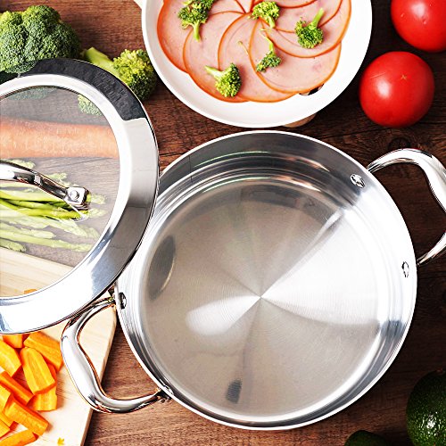 HOMI CHEF Mirror Polished NICKEL FREE Stainless Steel 6 QT(Quart) Stock Pot with Glass Lid (No Toxic Non Stick Coating, Whole-Clad 3-Ply) - Triply Stainless Steel Pots and Pans - Soup Pots with Lids