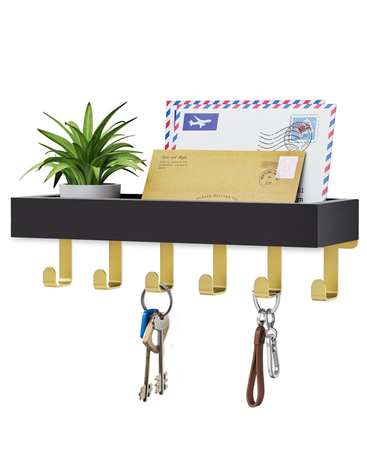 ROPALINS Key Holder Wall Mount Adhesive Magnetic - Hanging Key Hooks with Tray for Wallet House Accessories - Keys Hanger Rack with Shelf for Camper Entryway Door Home Living Room Decor Black Gold