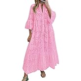 chouyatou Women's 2026 Lace Eyelet Embroidery Maxi Dress V-Neck Trumpet Sleeve Boho Flowy Swing Dress