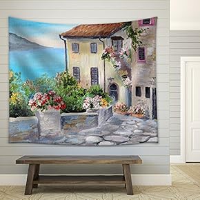 Oil Painting on Canvas of a Beautiful Houses Near The Sea, Architecture, City, Colorful - Fabric Wall Tapestry Home Decor - 51x60 inches
