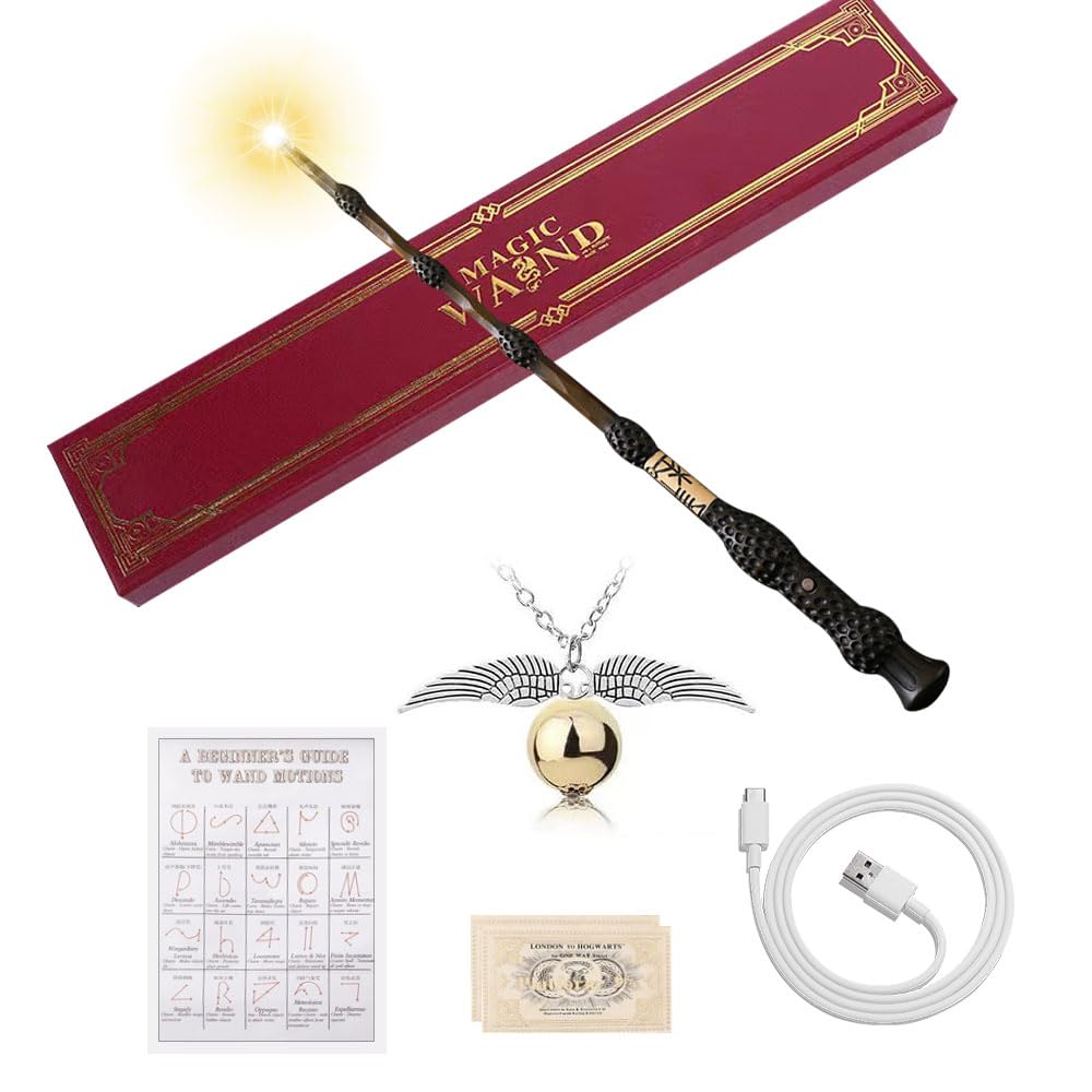 WDKXCN Dumbledore Wand, 37CM Harry Potter Elder Wand Light Up, USB Charging Elder Wand Harry Potter, Dumbledore Wand in Gift Box with Spell Card, Station Ticket and Necklace