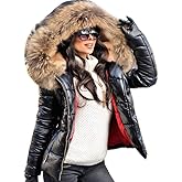Roiii Women Winter Warm Down Jacket Thick Slim Flash Coat Down Outdoor Hood Parka Short Slim Jacket Black