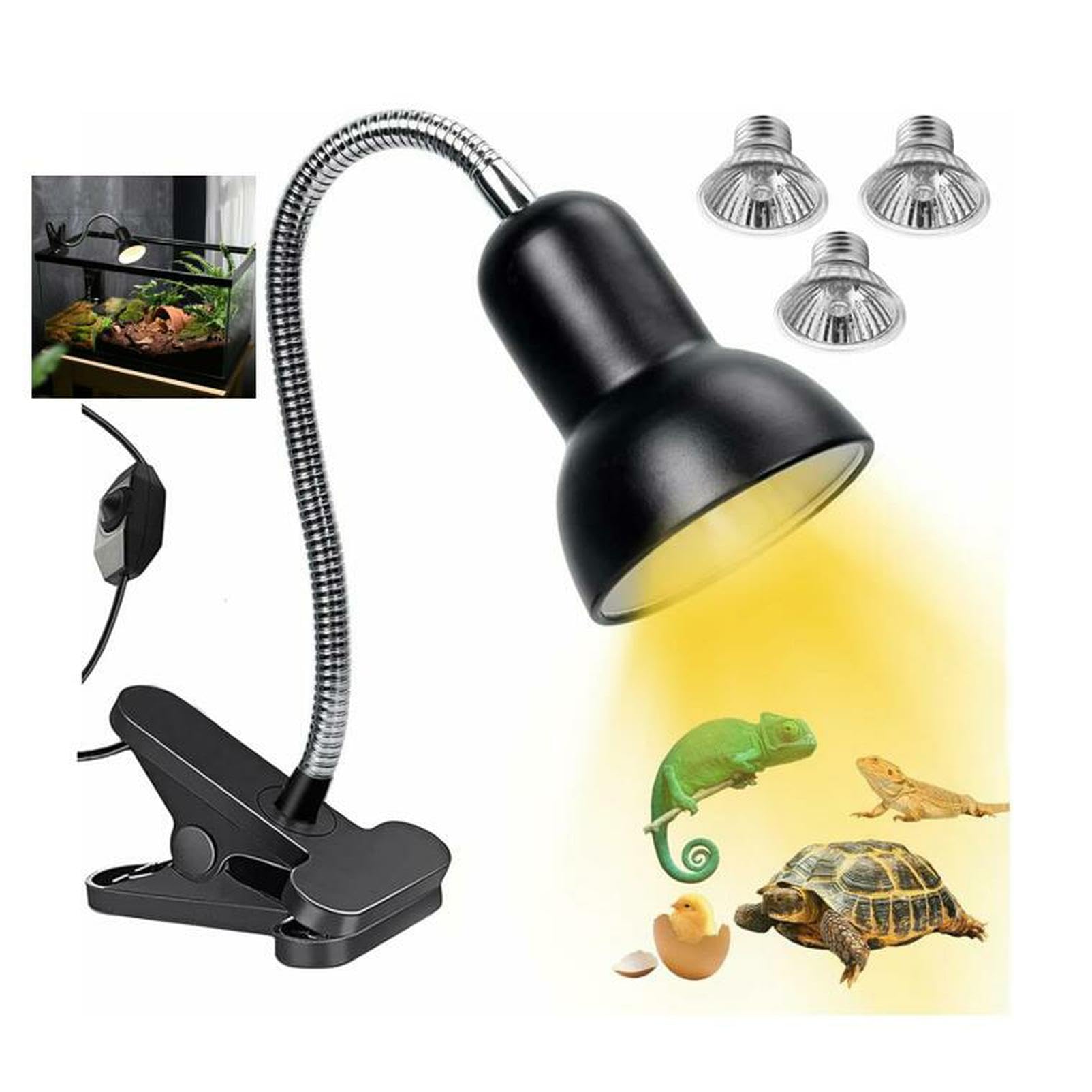 Afenau Tortoise Heat Lamp, Reptile Heat Lamp Holder with 2 * E27 50W Bulb& 1 * 25W Bulb, Rotatable Reptile Basking Lamp with Clamp, Dimmable UVB Heat/Light Aquarium Lamps for Tortoises, Snake, Lizard