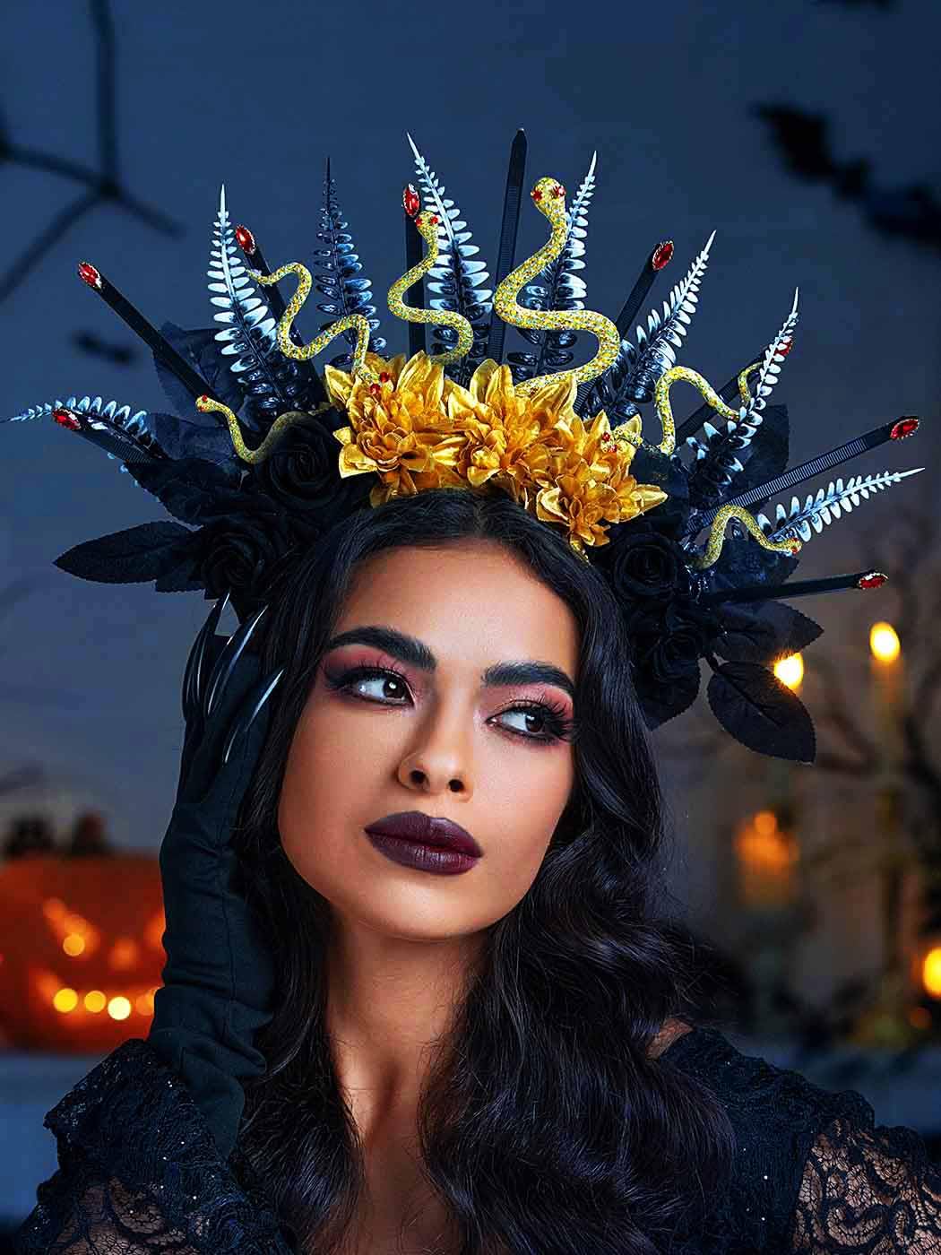 IYOU Halloween Halo Headband Black Flower Hair Bands Sequin Snake Headpiece Crown Gothic Festival Cosplay Hair Accessories for Women