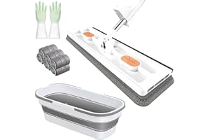 Large Flat Mop, 360 Rotation Flat Mop with Bucket with 6 Microfiber Pads, for Tile, Hardwood, Windows Wet and Dry (Grey)