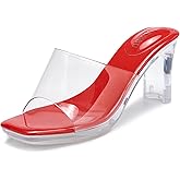 NBUUNBU Chunky Heels for Women Clear Platform Heels Sexy Block High Heels Sandals Square Toe Open Toe Transparent Strap Comfortable Dress Shoes Slip on Mules