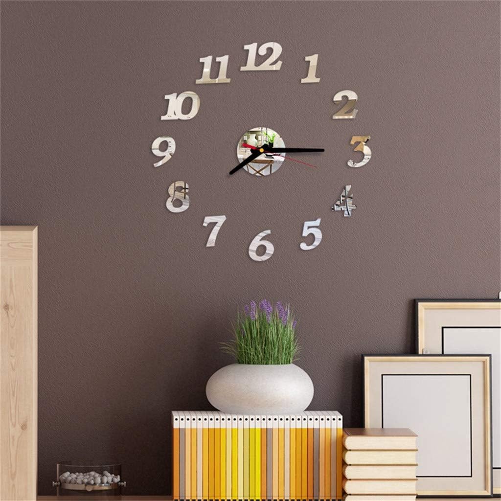 DIY Wall Clock, salaheiyodd 3D Roman Numbers Acrylic Mirror Wall Clock with Mirror Numbers Stickers for Home Office Mural Decals Decorations (Silver)