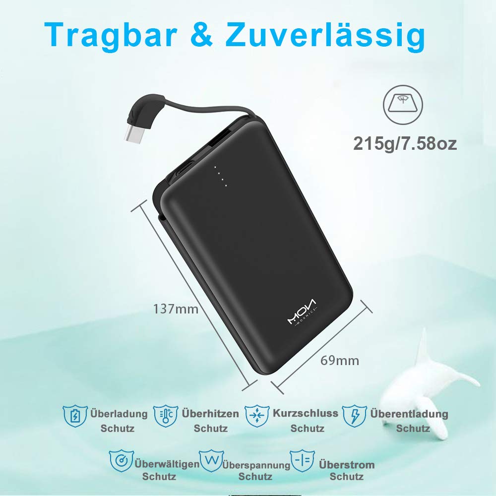 MOXNICE Fast Charging 10000mAh Power Bank - Slim Portable Charger with Built-in Type-c Cable, External Battery Charger Pack for iPhone Android Samsung（S8/S9 Galaxy Huawei iPad Tablet(Black)