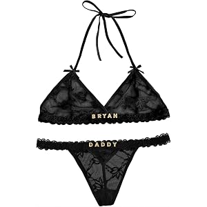 foshjay Custom Name Lingerie & Thong Set for Women | Lace Bra & Panties with Hand Sewn Rhinestone Letters, Sexy Valentines Da